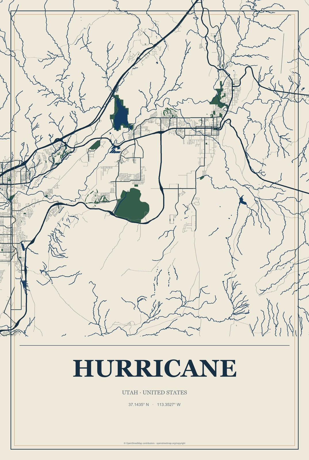 Hurricane, Utah City Map Aluminum Sign in Coastal Cutout style