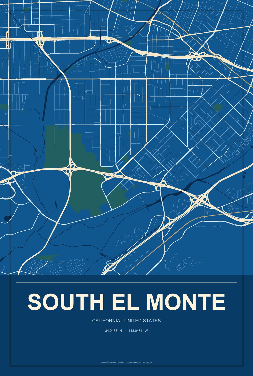 South El Monte, California City Map Aluminum Sign in Harbor Cobalt style