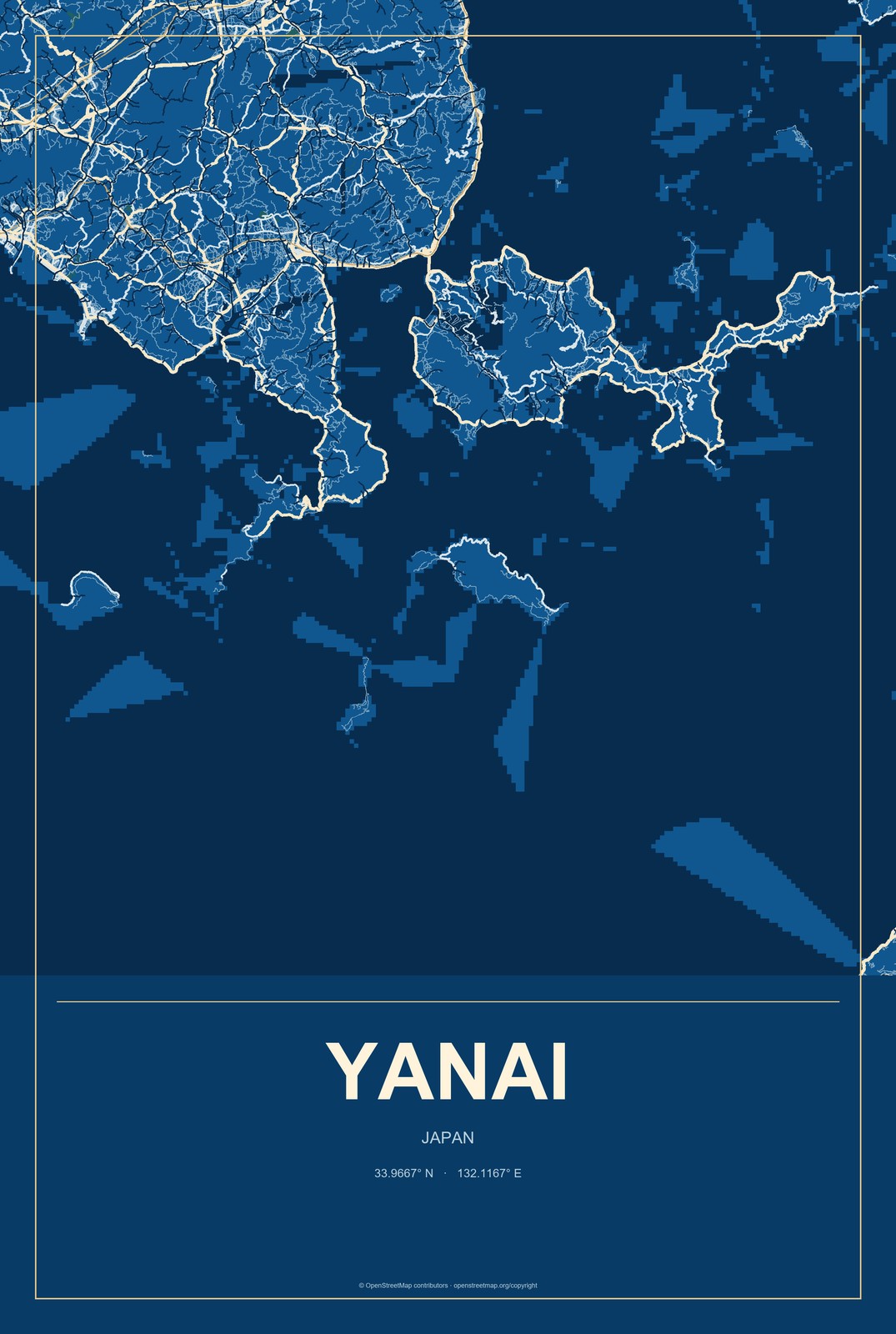 Yanai, Japan City Map Aluminum Sign in Harbor Cobalt style