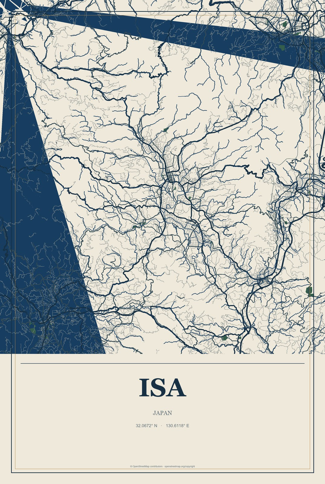 Isa, Japan City Map Aluminum Sign in Coastal Cutout style