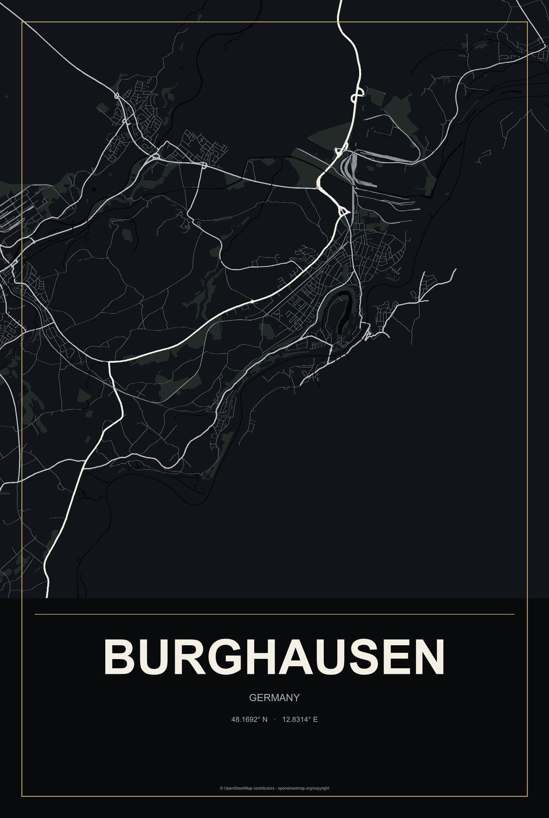 Burghausen, Germany City Map Aluminum Sign in Metropolitan Noir style