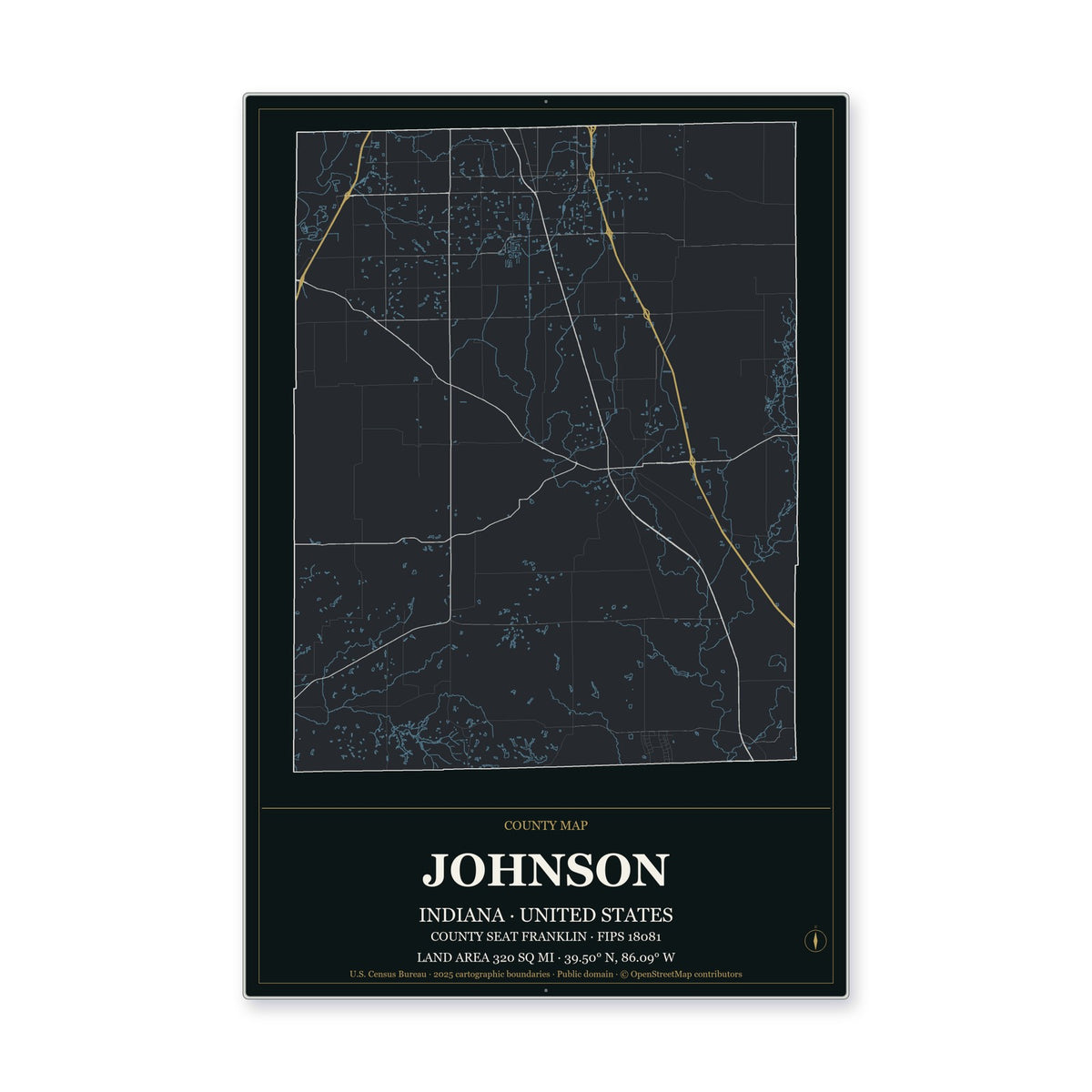 Johnson County, Indiana Map Aluminum Sign in Metropolitan Noir style