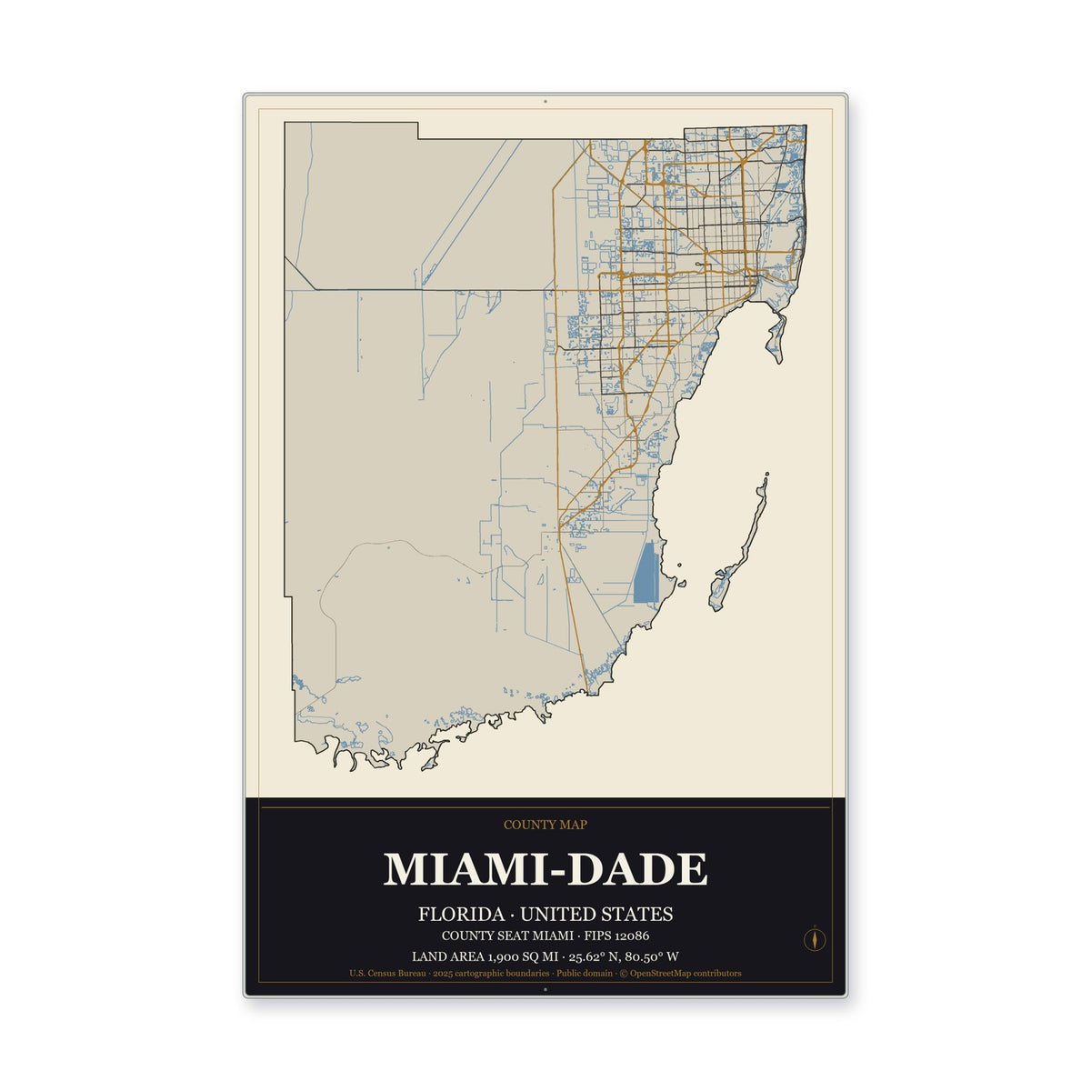 Miami-Dade County, Florida Map Aluminum Sign in Museum Plaque style