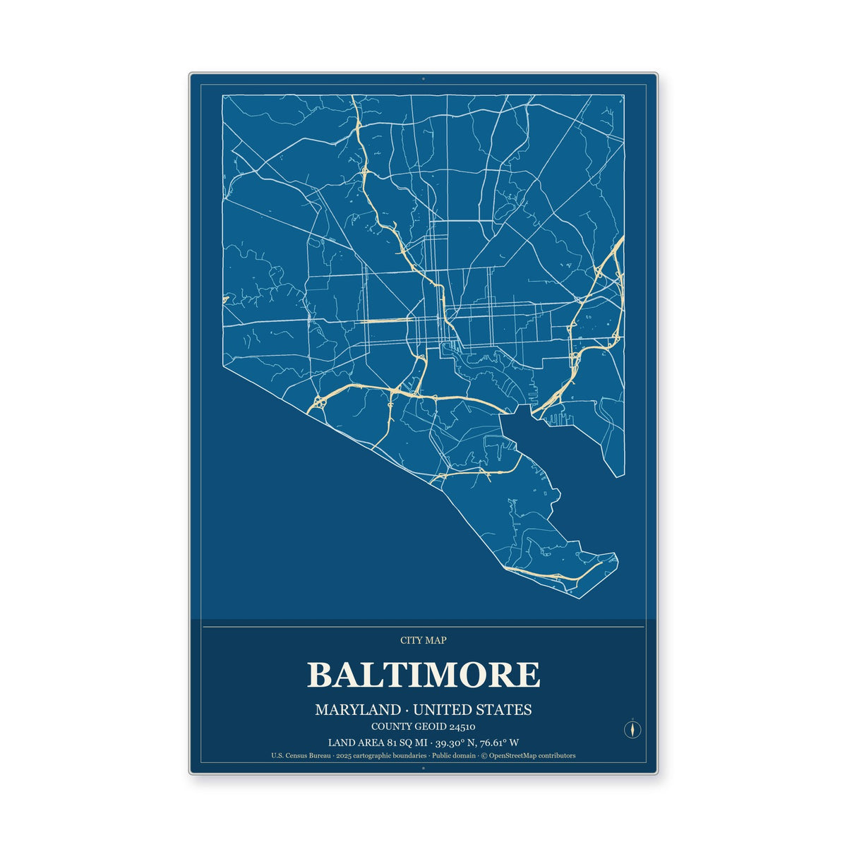 Baltimore city, Maryland Map Aluminum Sign in Harbor Cobalt style