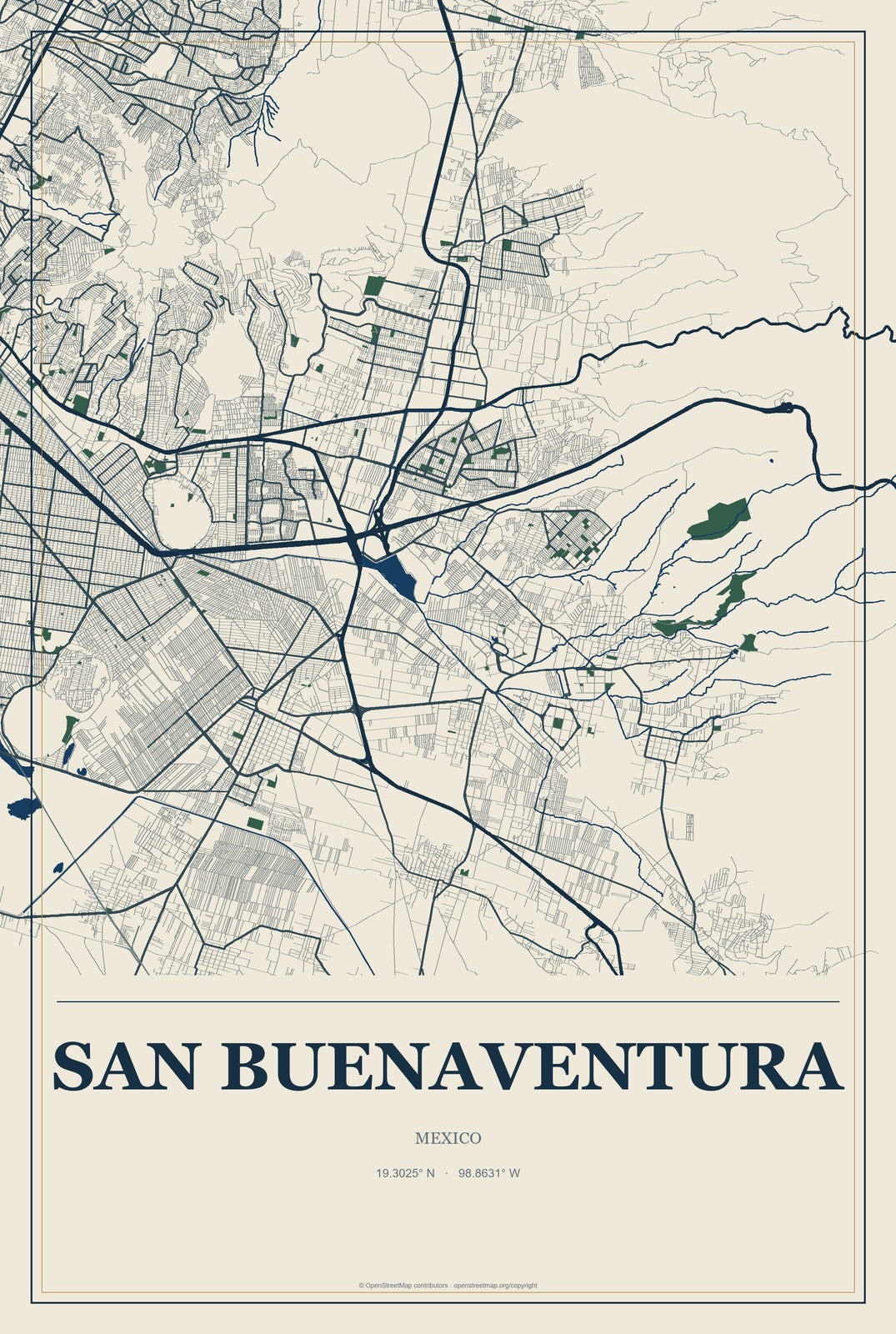 San Buenaventura, Coahuila, Mexico City Map Aluminum Sign in Coastal Cutout style