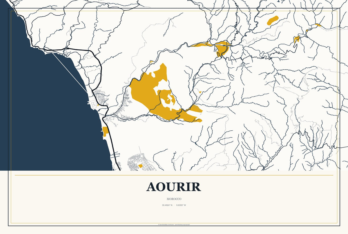 Aourir, Morocco City Map Aluminum Sign in Citrine Modern style
