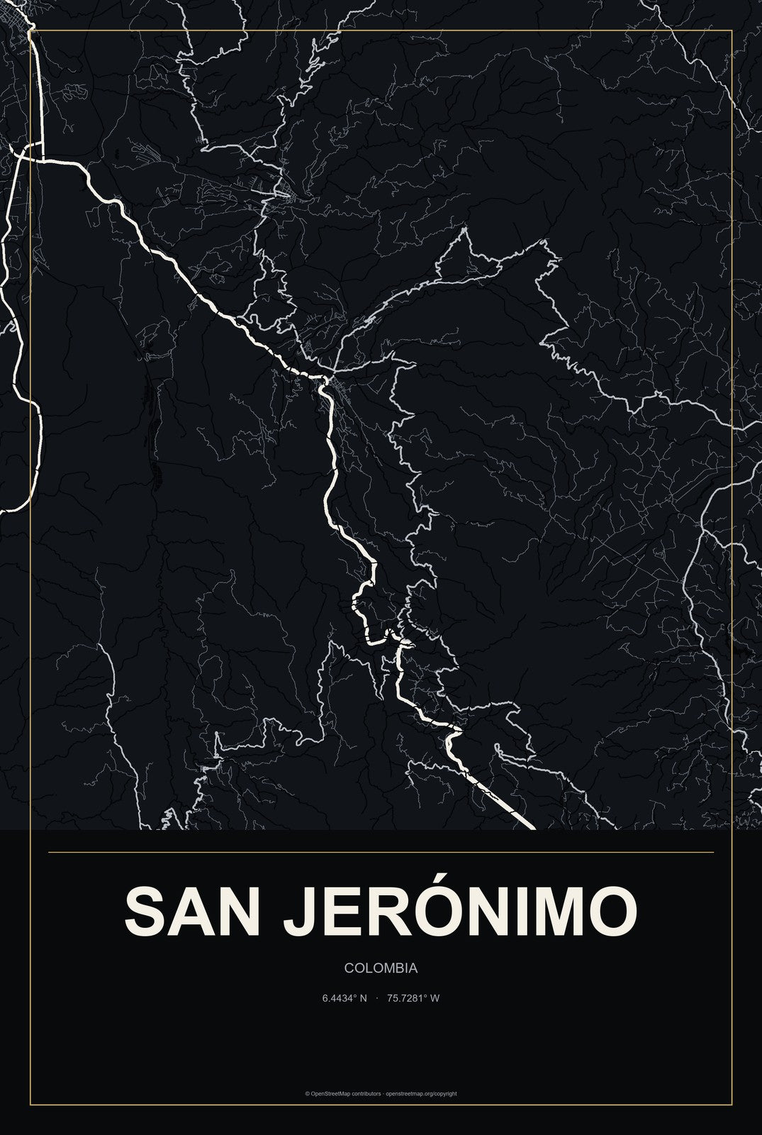 San Jerónimo, Colombia City Map Aluminum Sign in Metropolitan Noir style