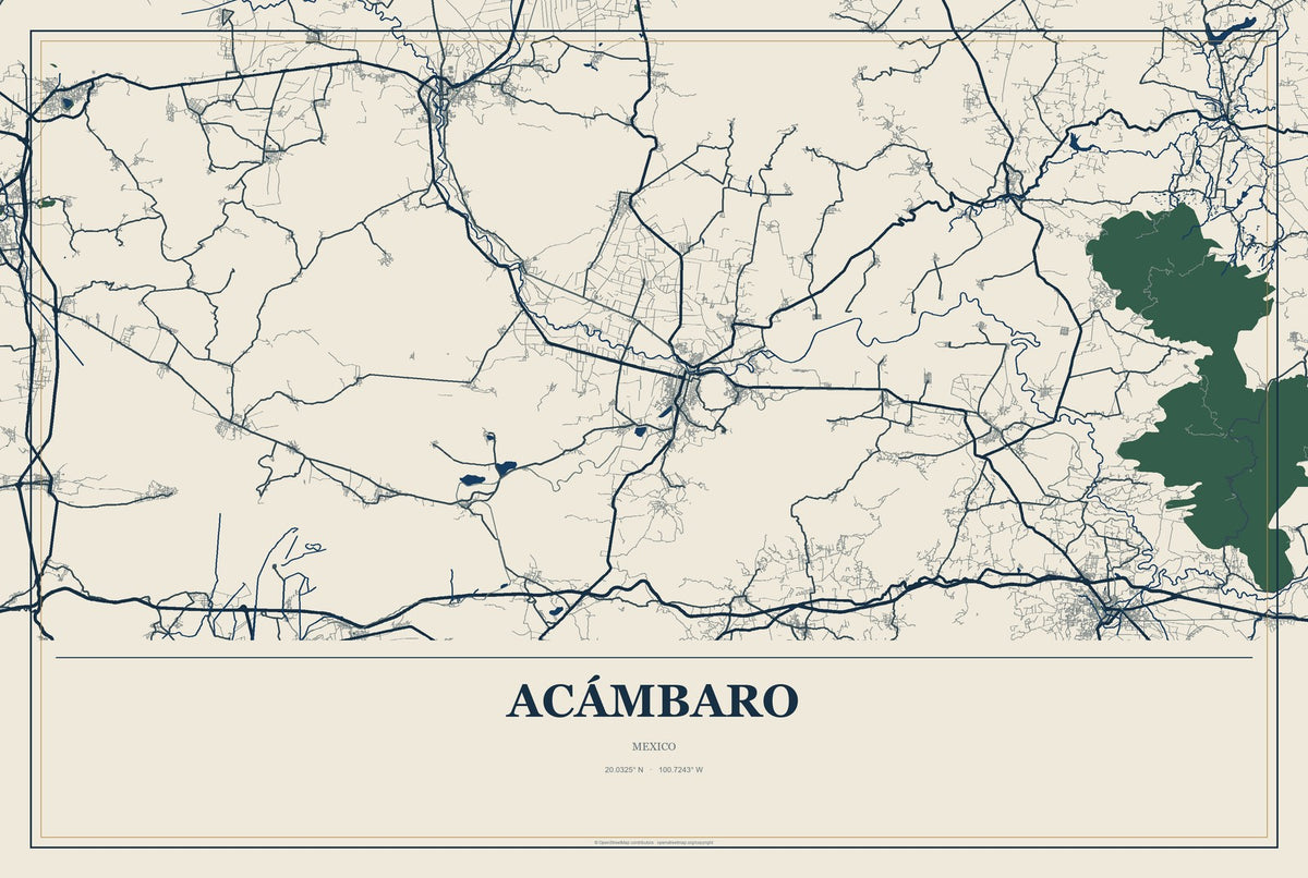 Acámbaro, Mexico City Map Aluminum Sign in Coastal Cutout style
