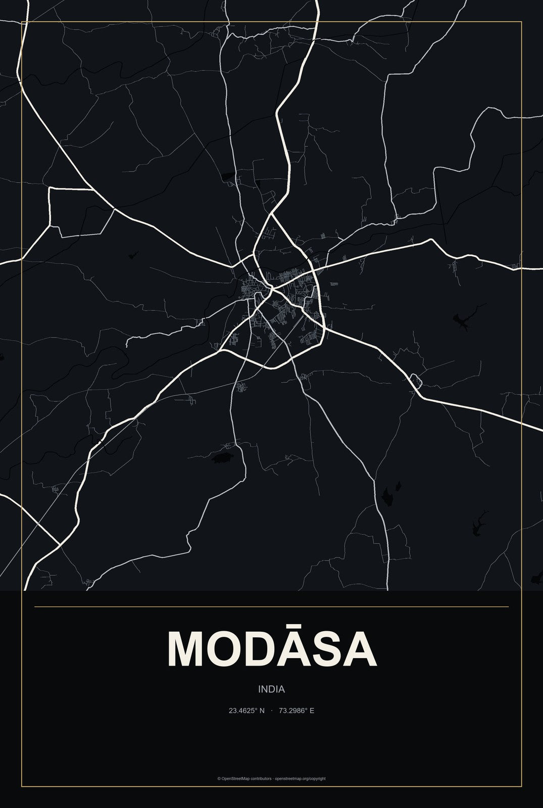 Modāsa, India City Map Aluminum Sign in Metropolitan Noir style