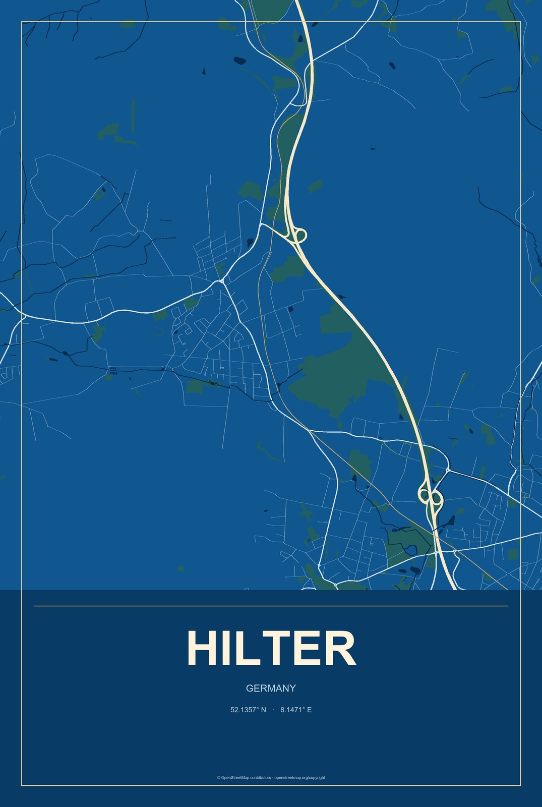 Hilter, Germany City Map Aluminum Sign in Harbor Cobalt style