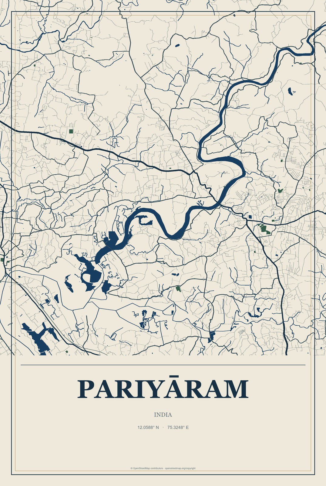 Pariyāram, India City Map Aluminum Sign in Coastal Cutout style