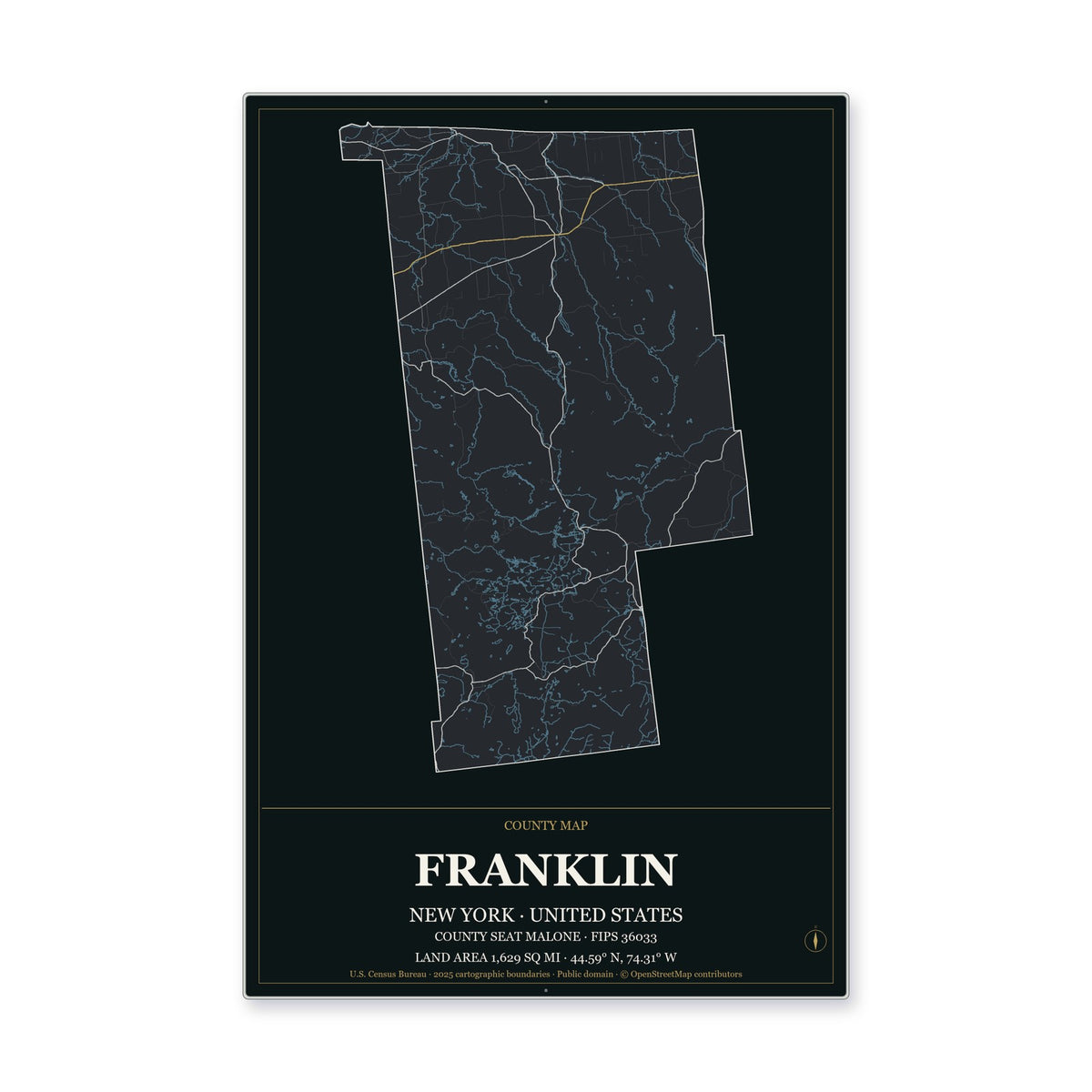 Franklin County, New York Map Aluminum Sign in Metropolitan Noir style