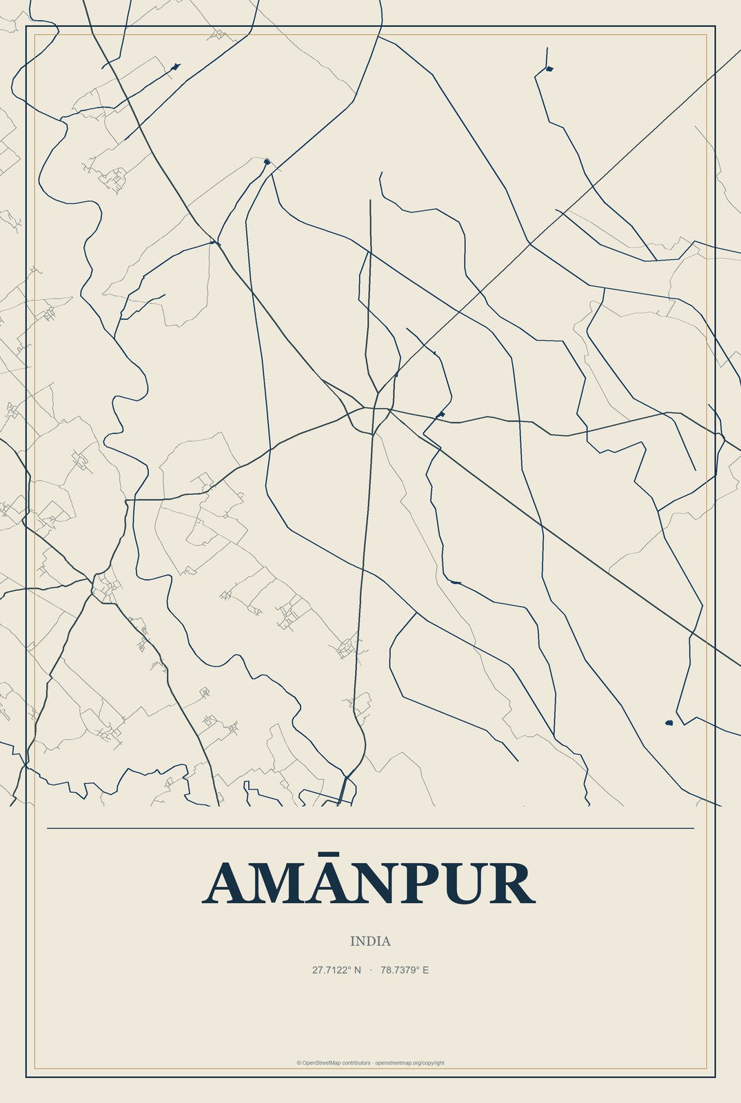 Amānpur, India City Map Aluminum Sign in Coastal Cutout style