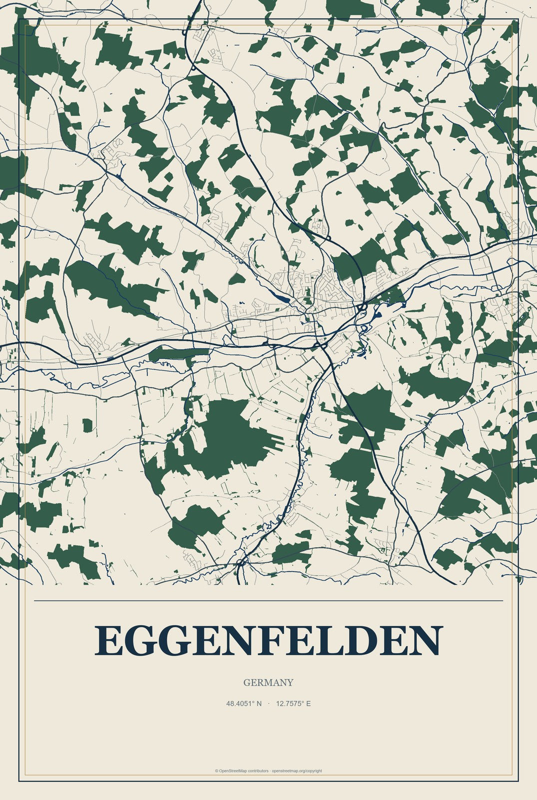 Eggenfelden, Germany City Map Aluminum Sign in Coastal Cutout style