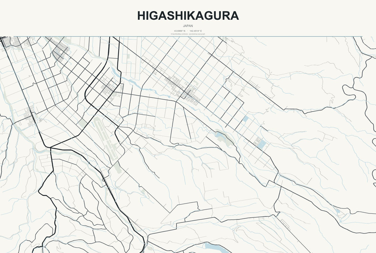Higashikagura, Japan City Map Aluminum Sign in Headline Atlas style