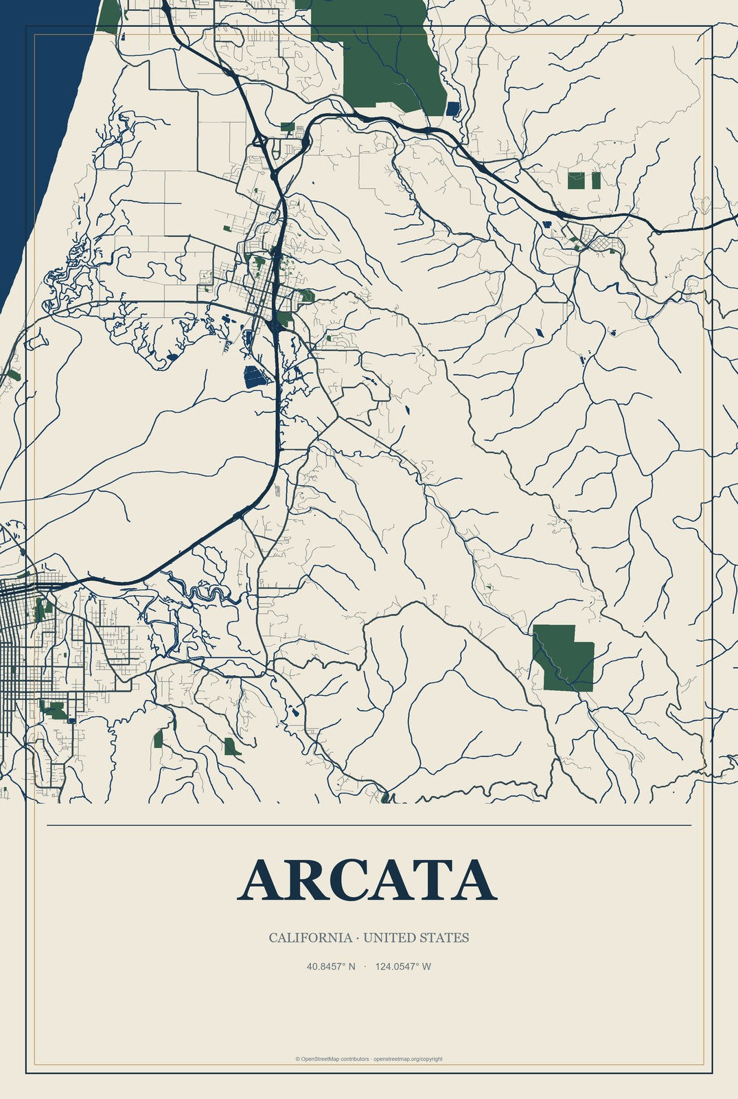 Arcata, California City Map Aluminum Sign in Coastal Cutout style