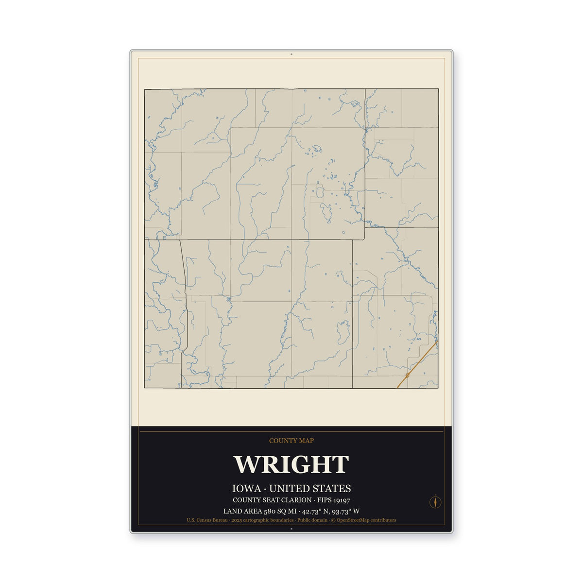 Wright County, Iowa Map Aluminum Sign in Museum Plaque style