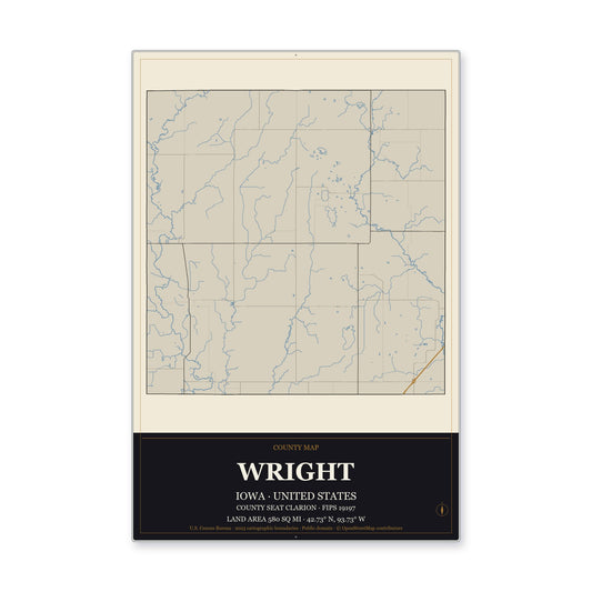 Wright County, Iowa Map Aluminum Sign in Museum Plaque style