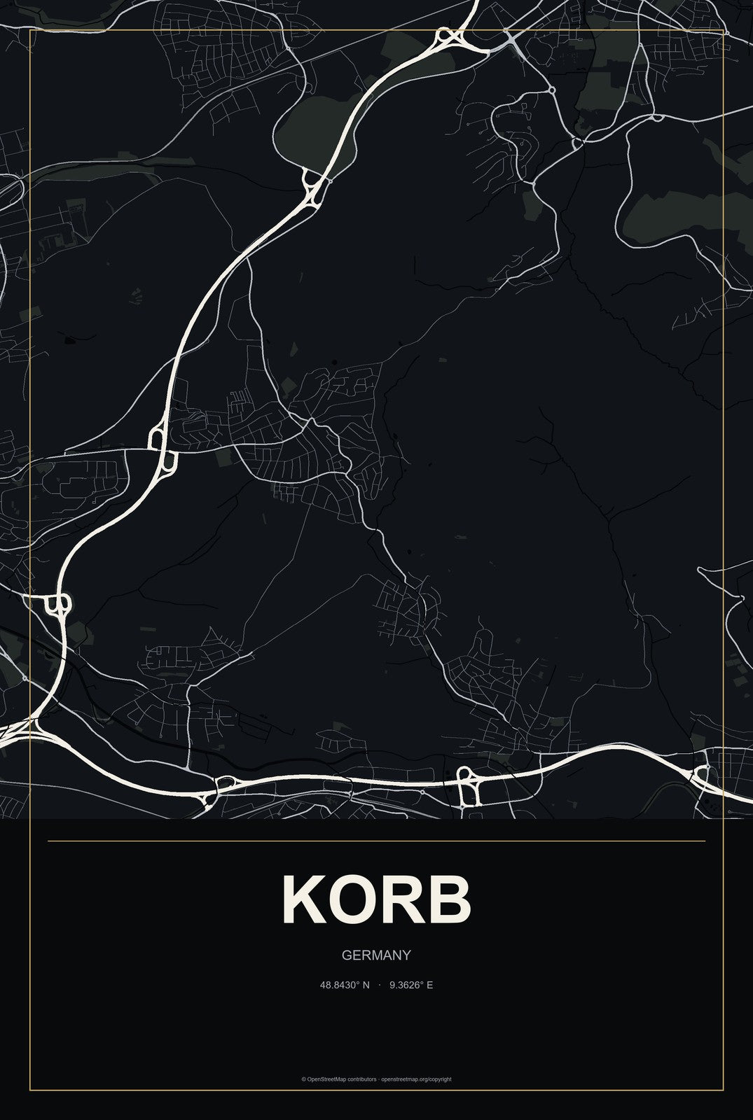 Korb, Germany City Map Aluminum Sign in Metropolitan Noir style