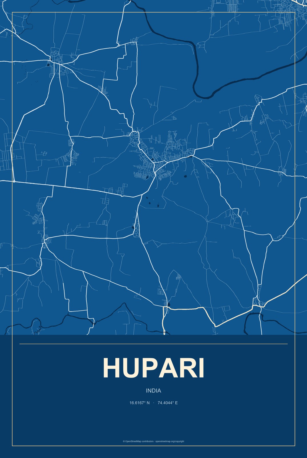 Hupari, India City Map Aluminum Sign in Harbor Cobalt style