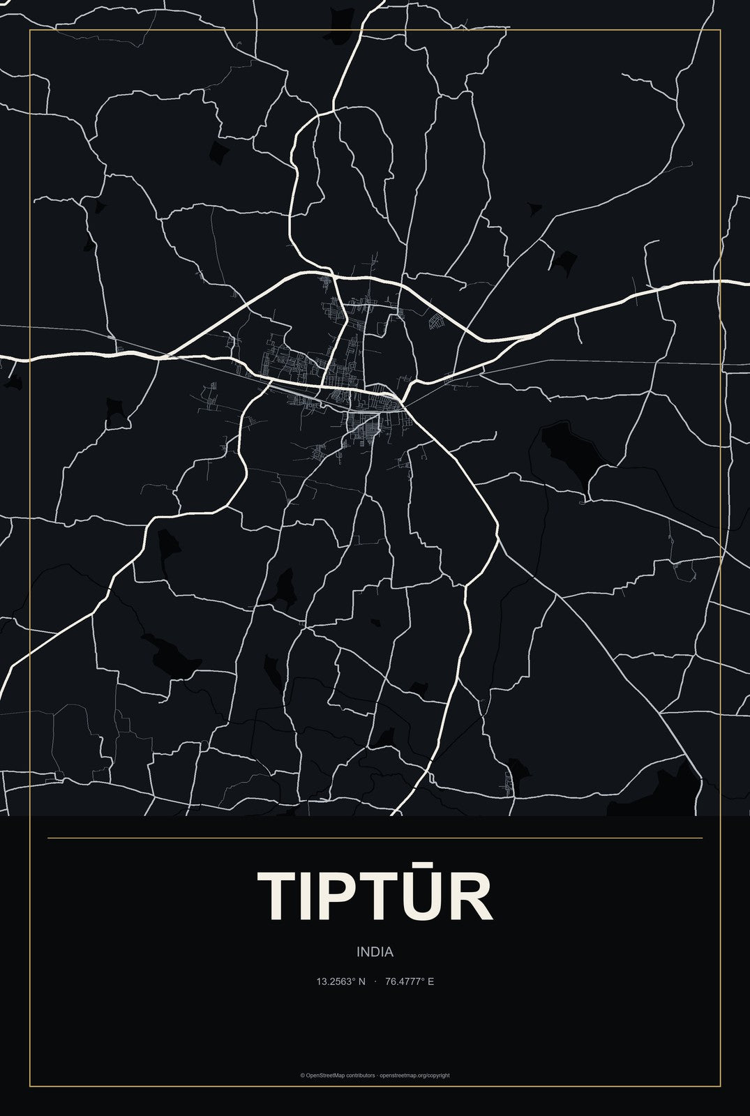 Tiptūr, India City Map Aluminum Sign in Metropolitan Noir style
