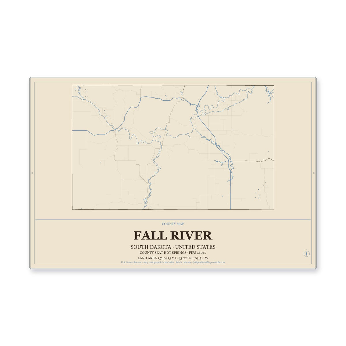 Fall River County, South Dakota Map Aluminum Sign in Heritage Nautical style