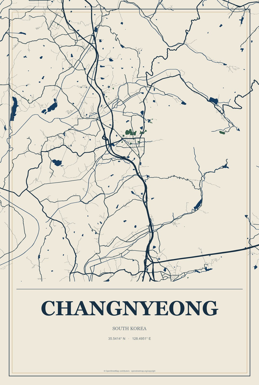 Changnyeong, South Korea City Map Aluminum Sign in Coastal Cutout style