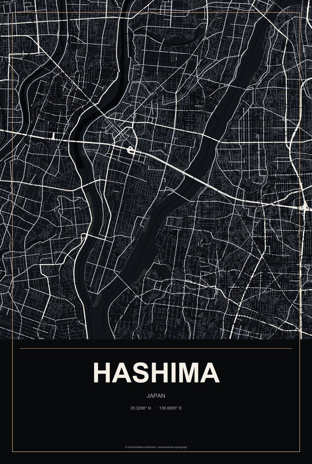 Hashima, Japan City Map Aluminum Sign in Metropolitan Noir style