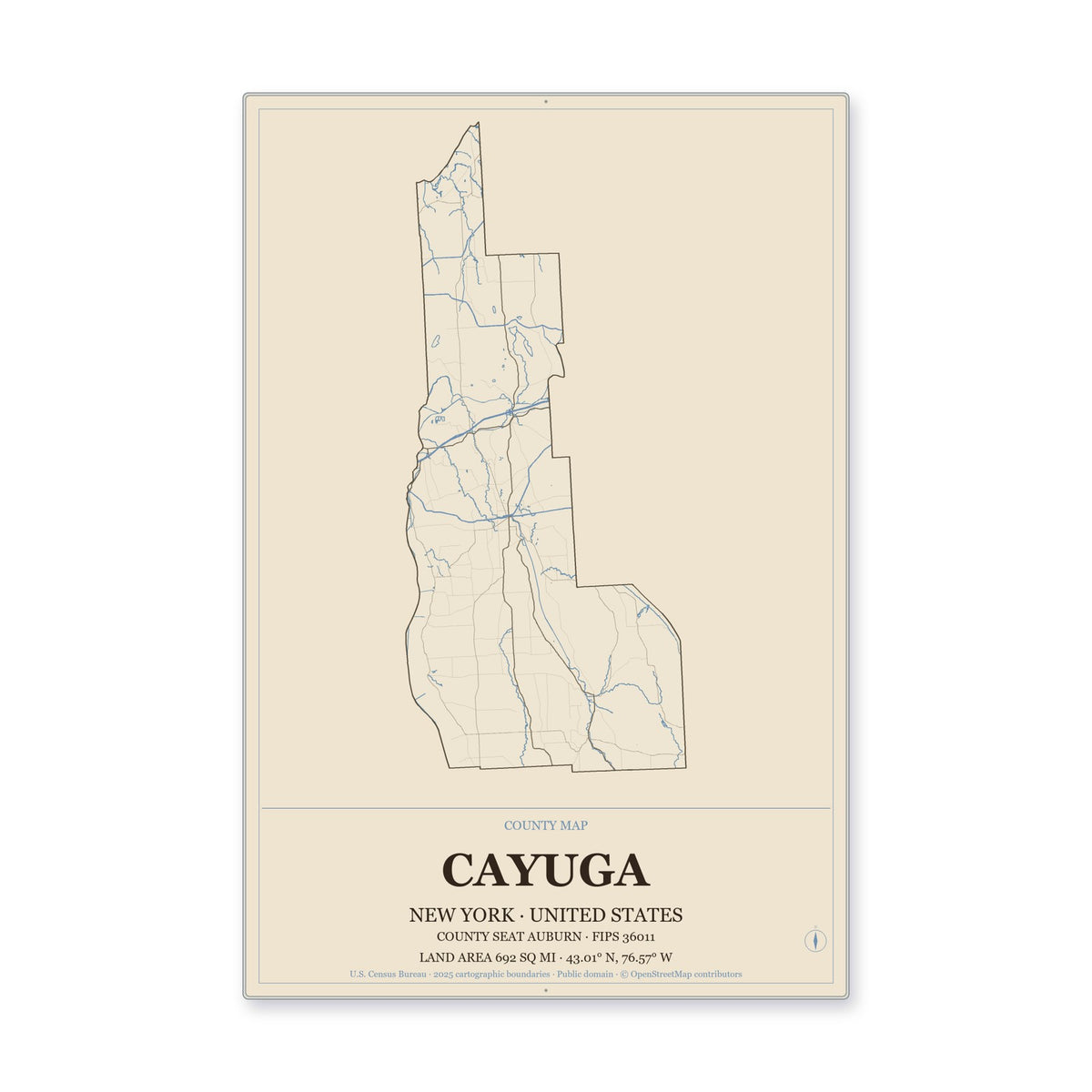Cayuga County, New York Map Aluminum Sign in Heritage Nautical style