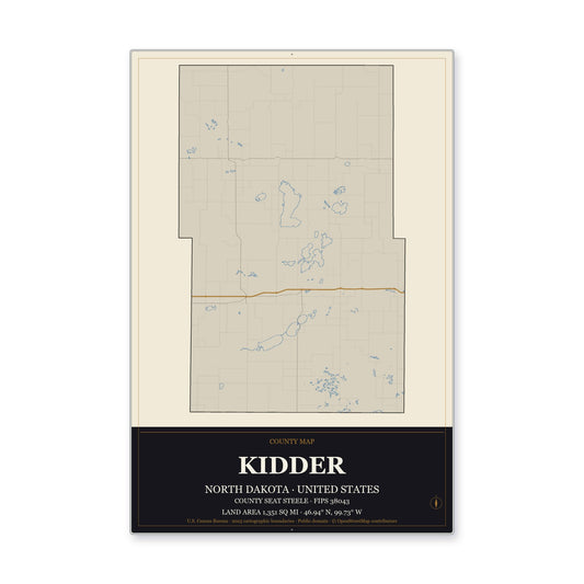 Kidder County, North Dakota Map Aluminum Sign in Museum Plaque style