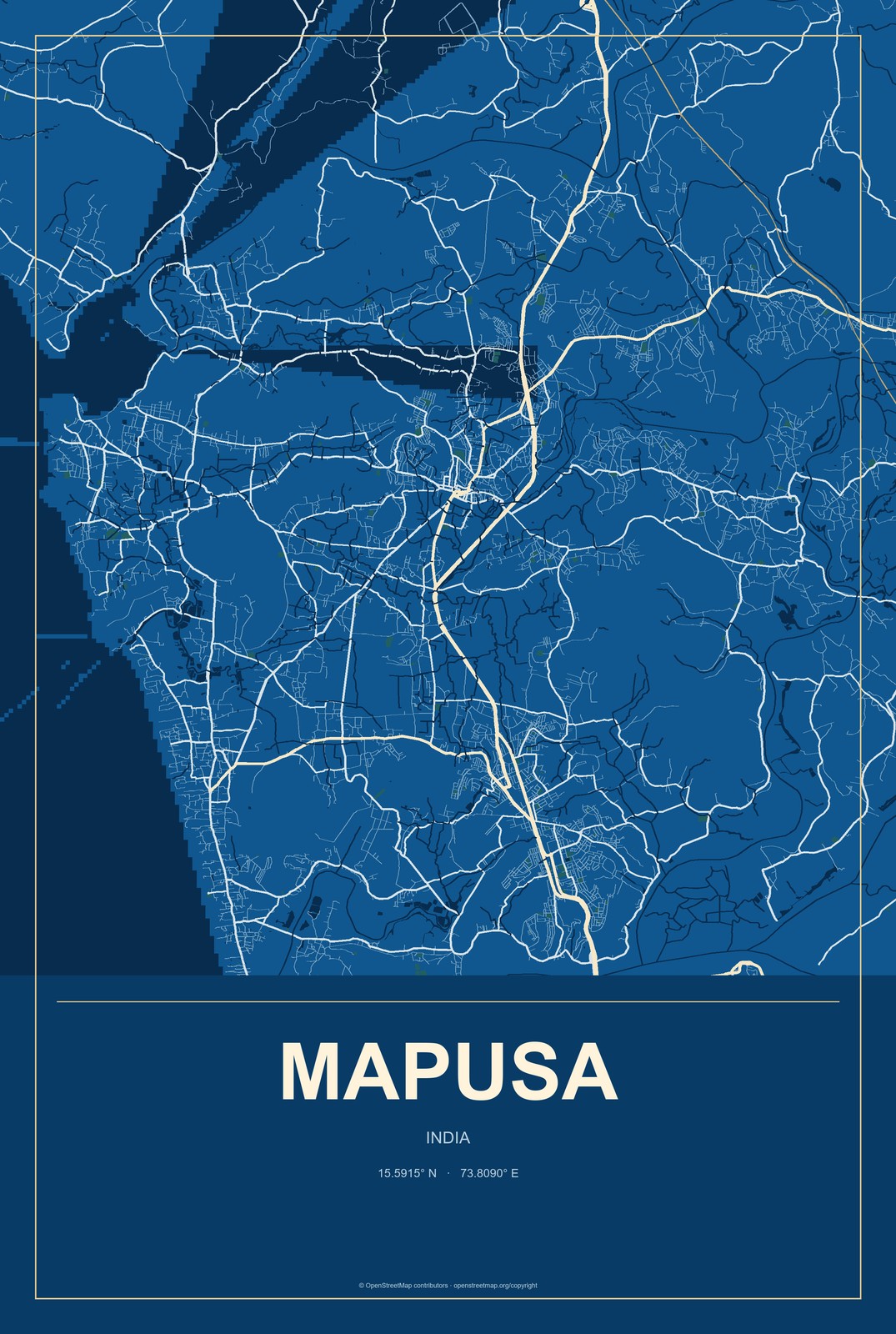 Mapusa, India City Map Aluminum Sign in Harbor Cobalt style