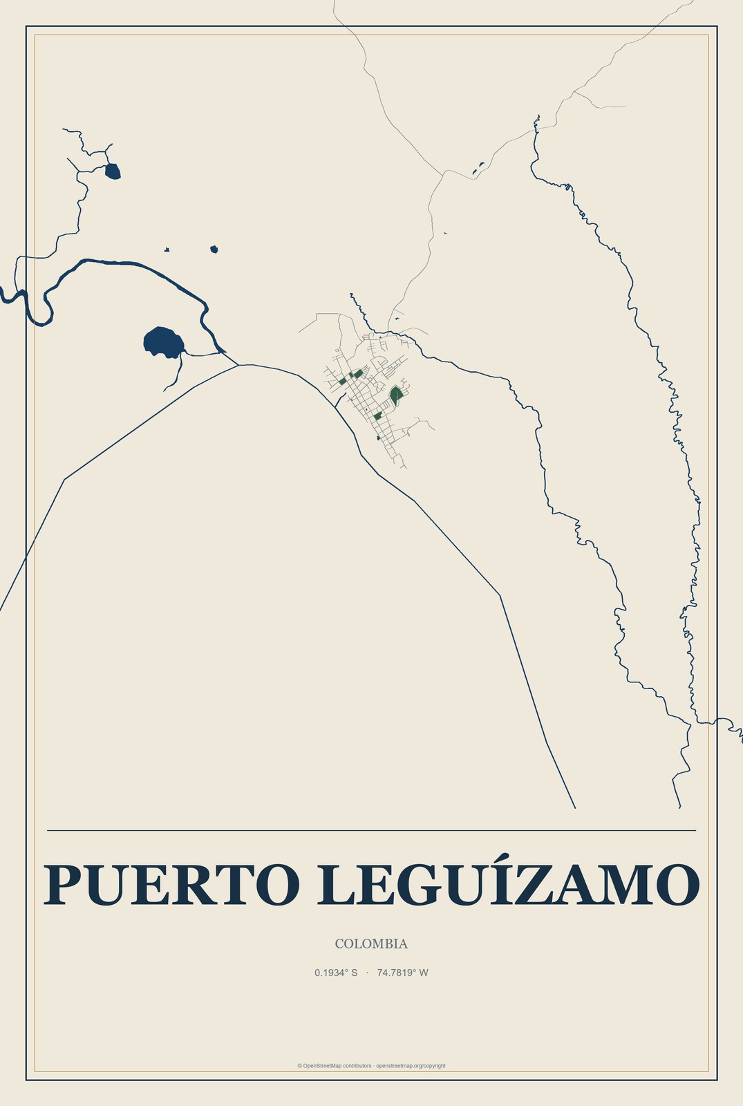 Puerto Leguízamo, Colombia City Map Aluminum Sign in Coastal Cutout style