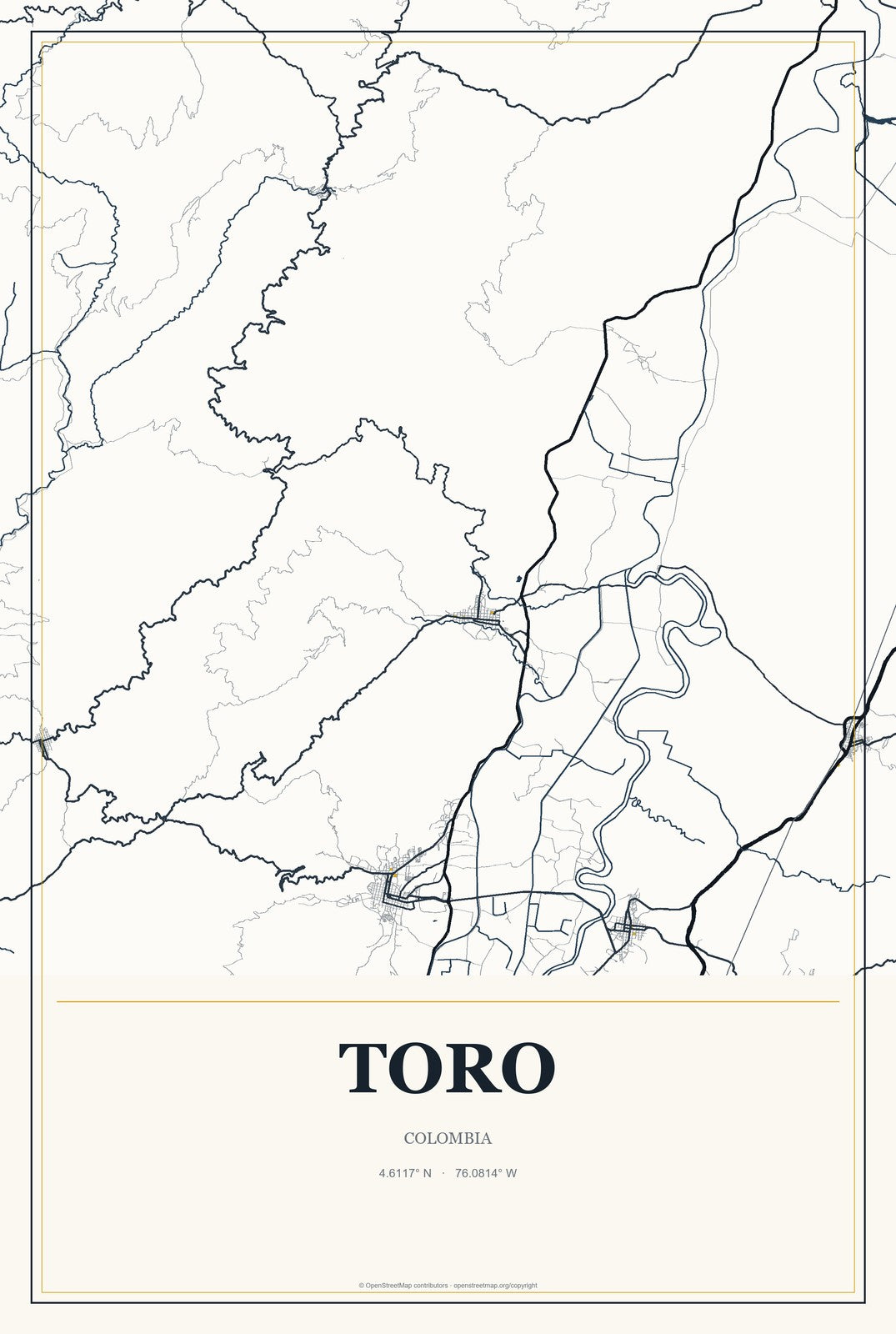 Toro, Colombia City Map Aluminum Sign in Citrine Modern style