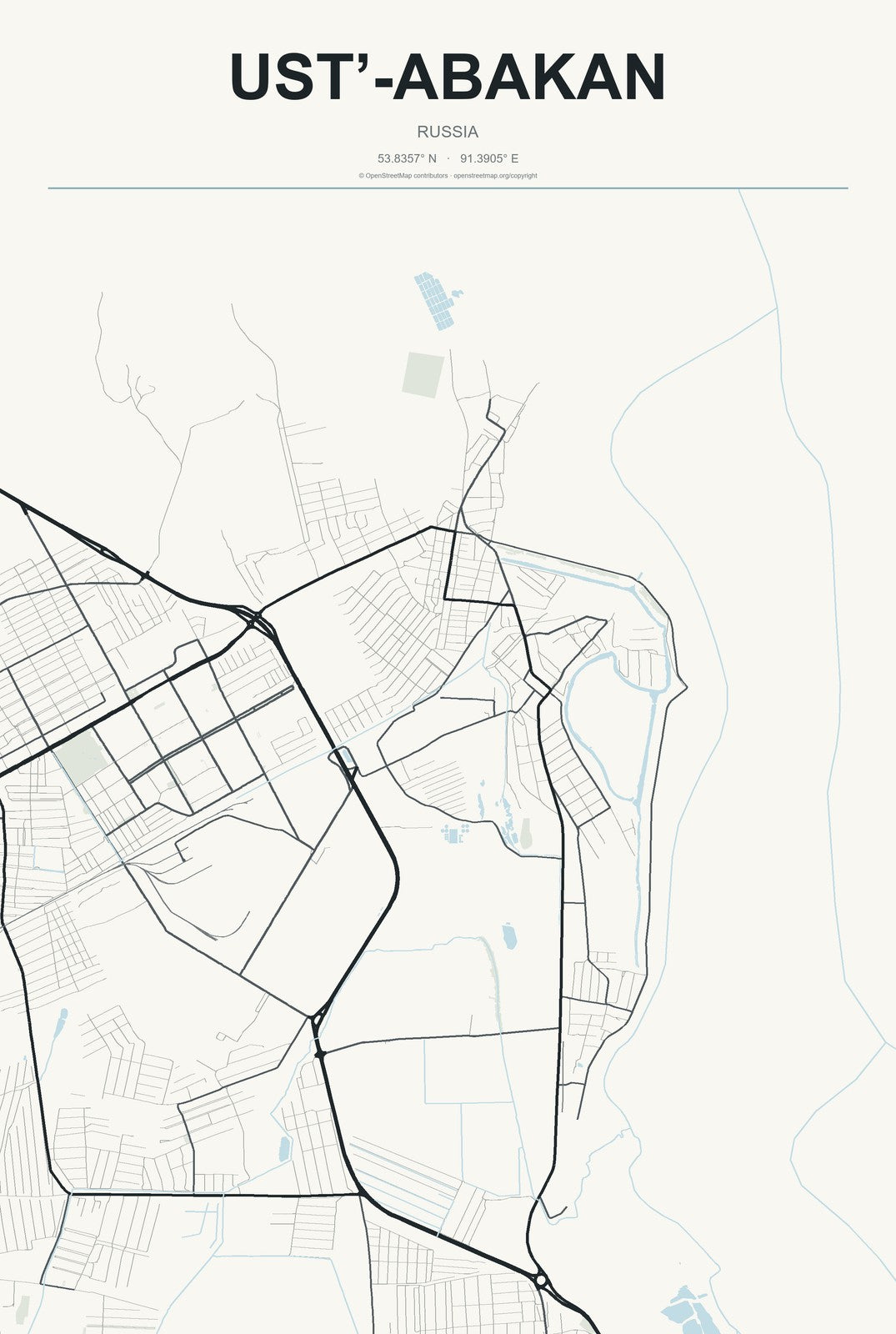 Ust’-Abakan, Russia City Map Aluminum Sign in Headline Atlas style
