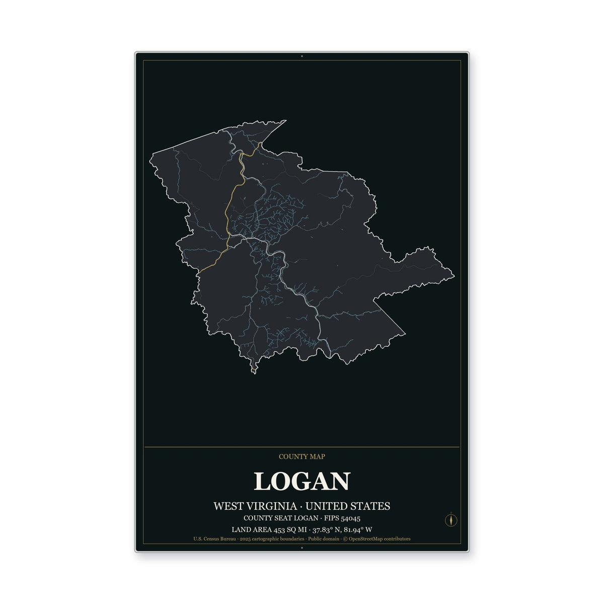 Logan County, West Virginia Map Aluminum Sign in Metropolitan Noir style