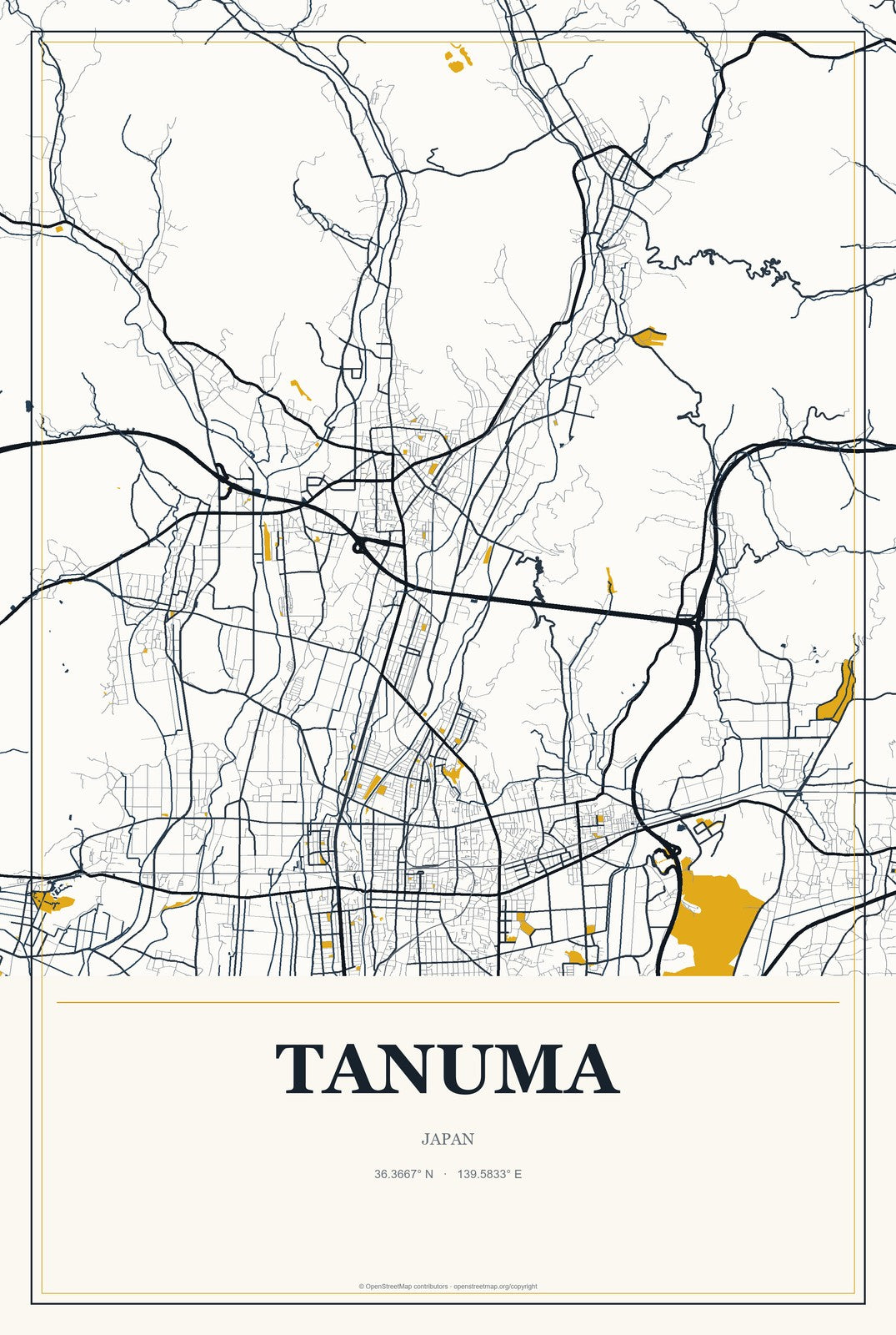 Tanuma, Japan City Map Aluminum Sign in Citrine Modern style