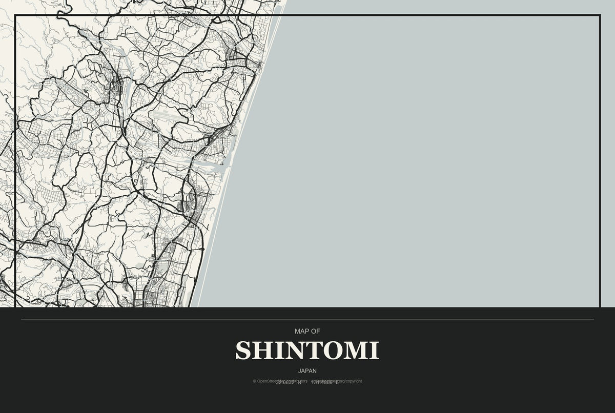 Shintomi, Japan City Map Aluminum Sign in Museum Plaque style