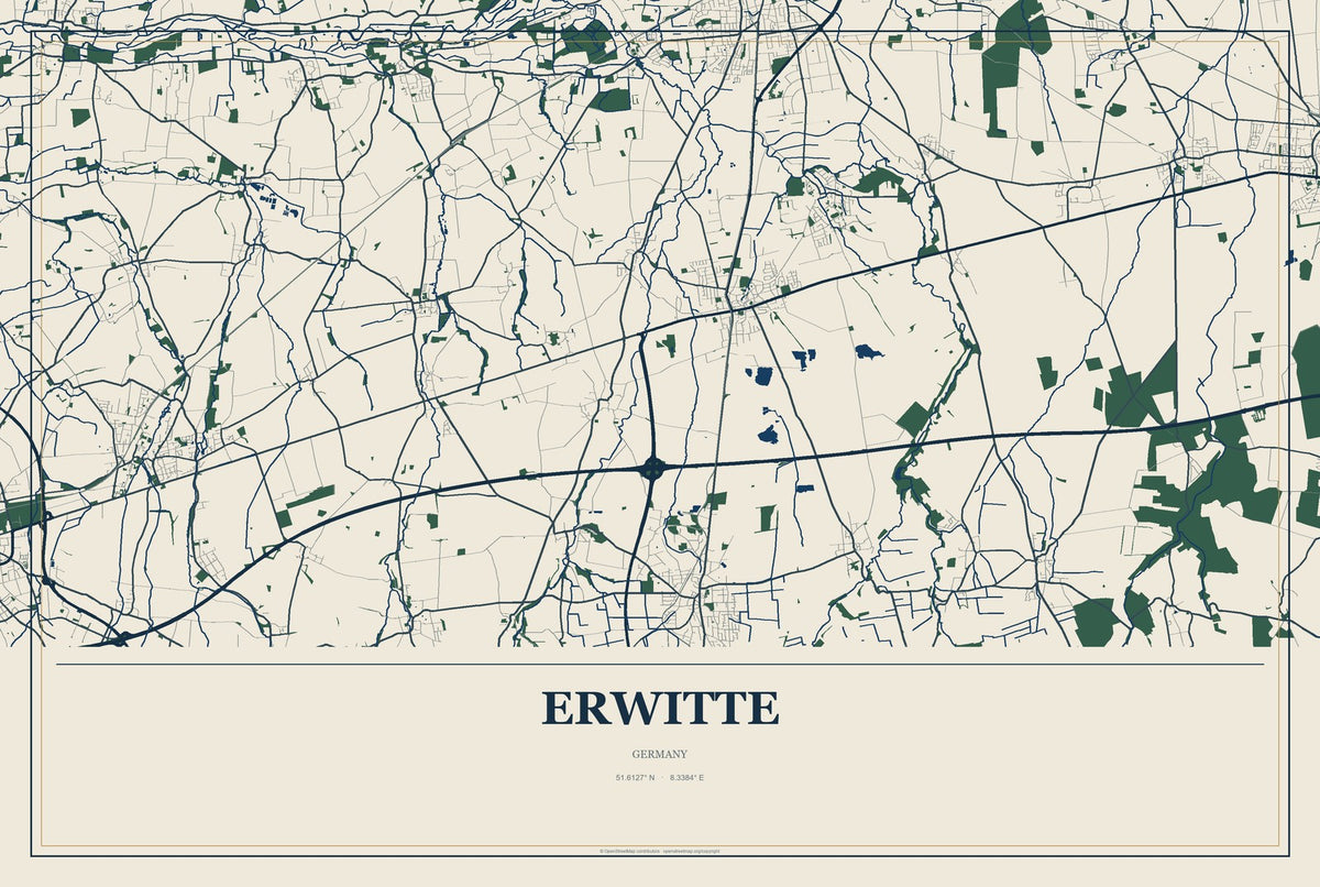 Erwitte, Germany City Map Aluminum Sign in Coastal Cutout style