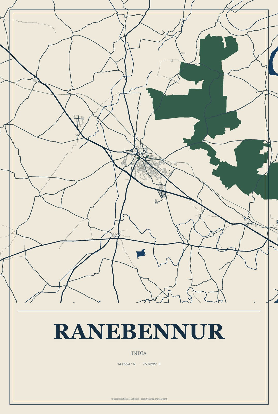 Ranebennur, India City Map Aluminum Sign in Coastal Cutout style