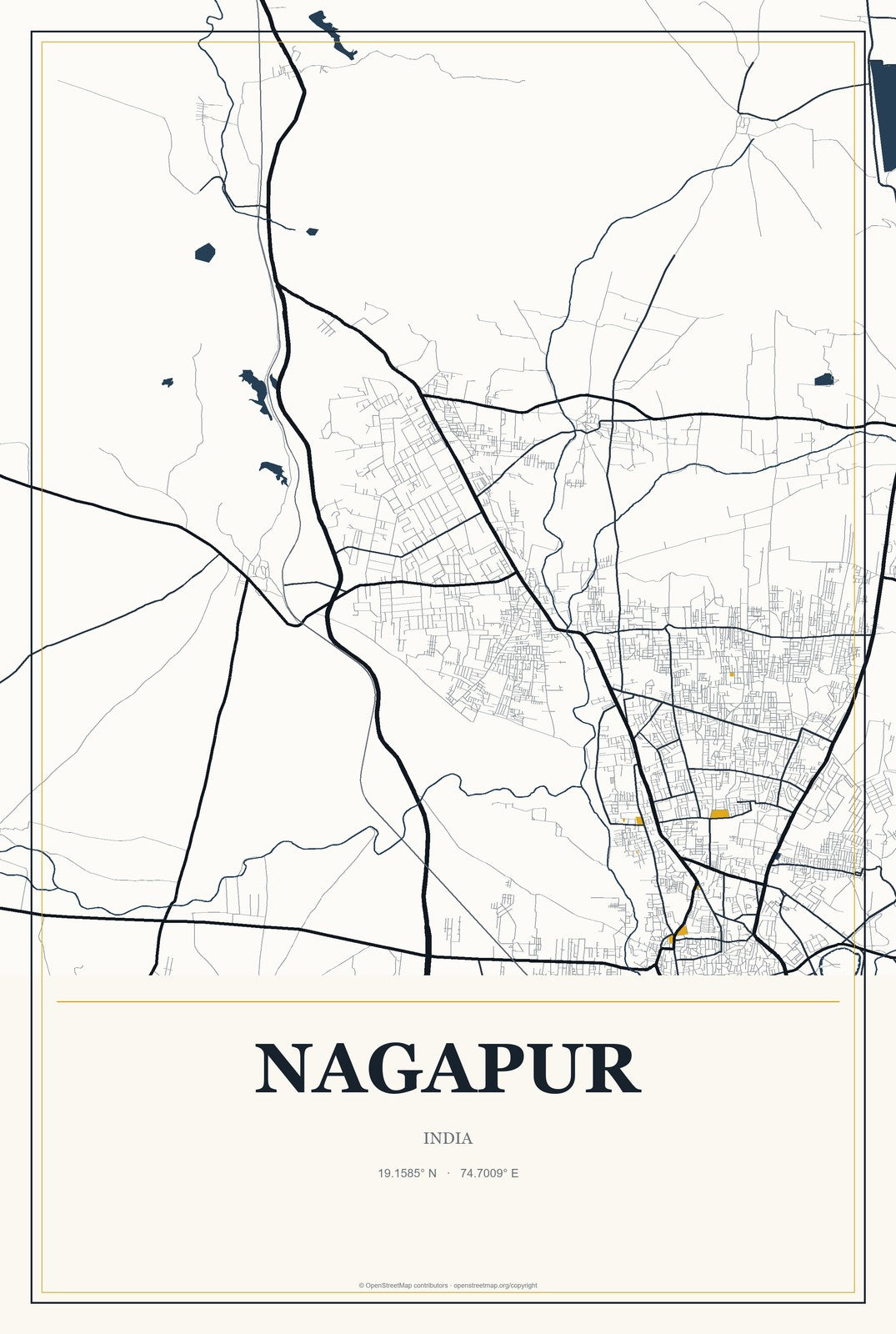 Nagapur, India City Map Aluminum Sign in Citrine Modern style