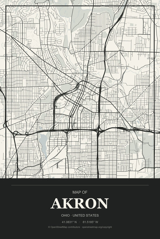 Akron, Ohio City Map Aluminum Sign in Museum Plaque style