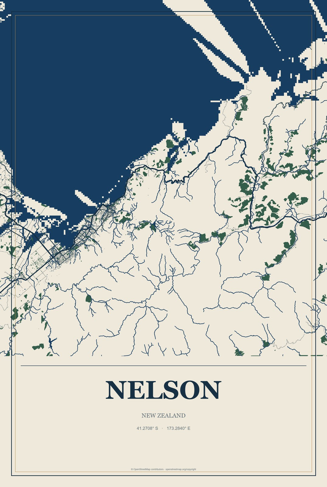 Nelson, New Zealand City Map Aluminum Sign in Coastal Cutout style