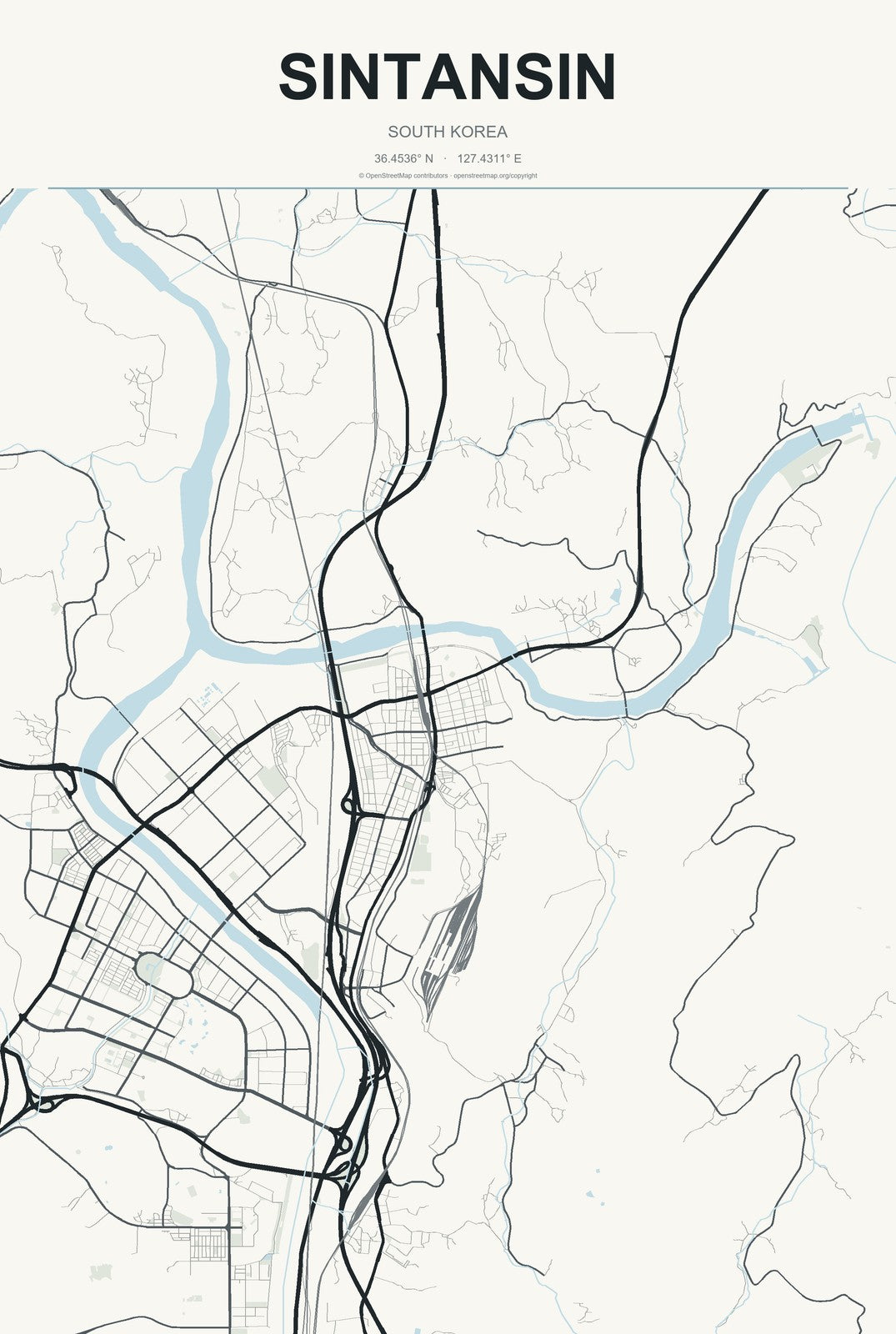 Sintansin, South Korea City Map Aluminum Sign in Headline Atlas style