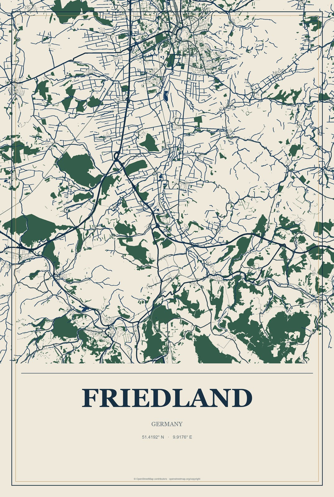 Friedland, Germany City Map Aluminum Sign in Coastal Cutout style