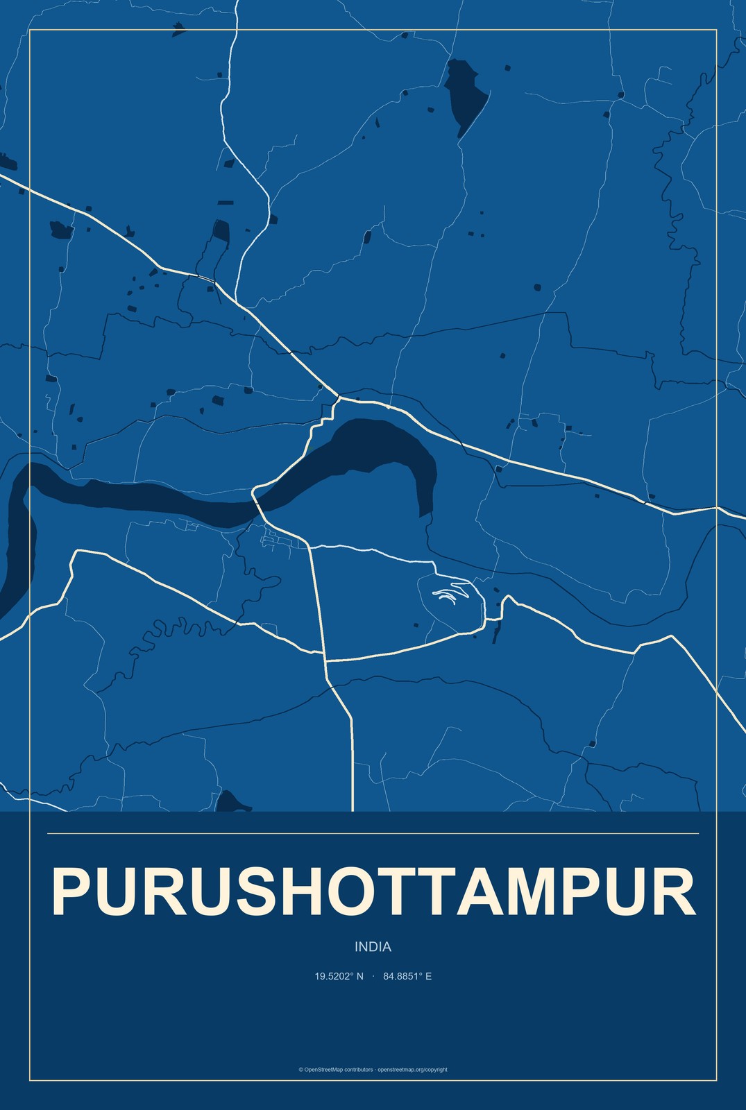 Purushottampur, India City Map Aluminum Sign in Harbor Cobalt style