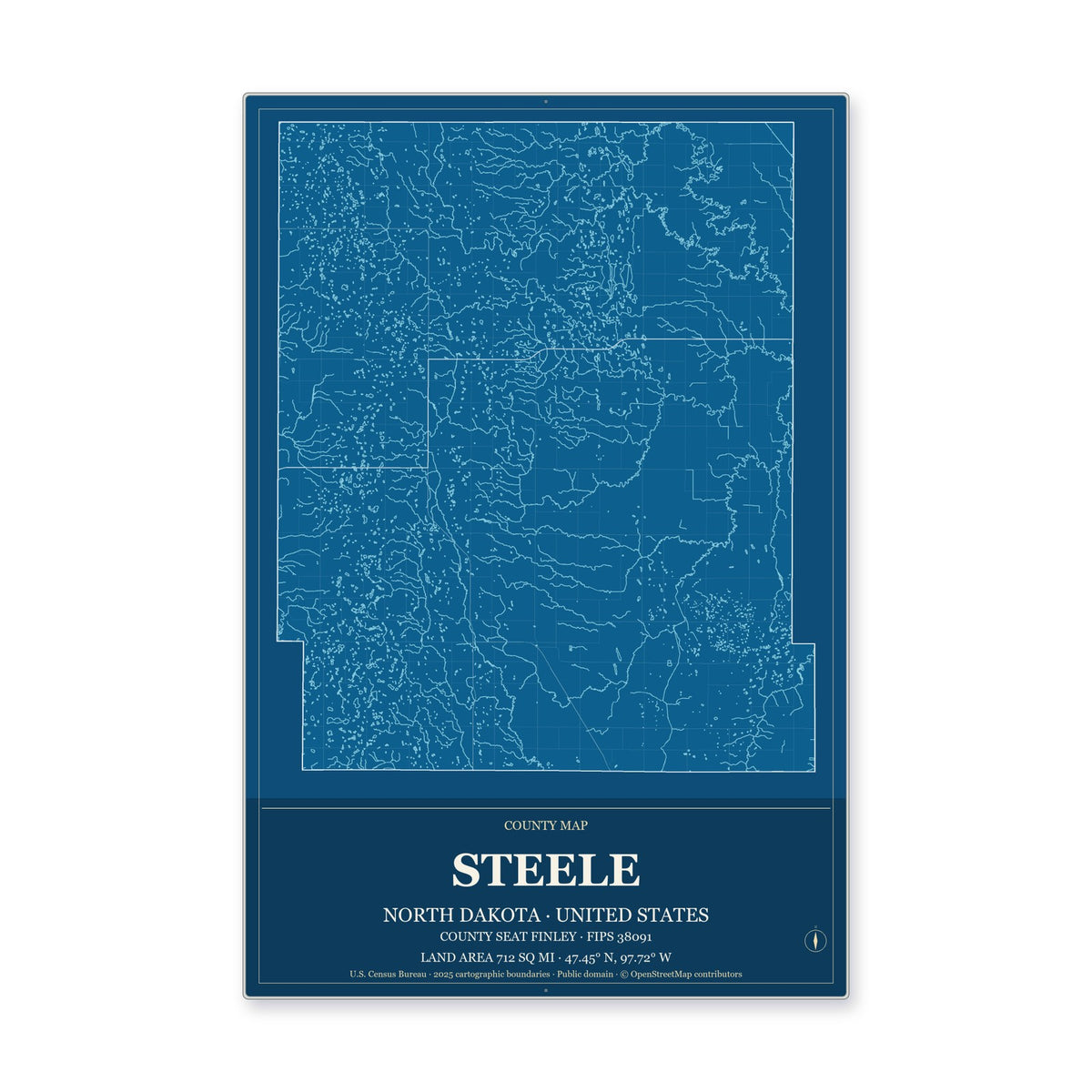 Steele County, North Dakota Map Aluminum Sign in Harbor Cobalt style