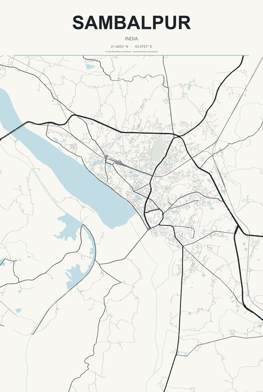Sambalpur, India City Map Aluminum Sign in Headline Atlas style