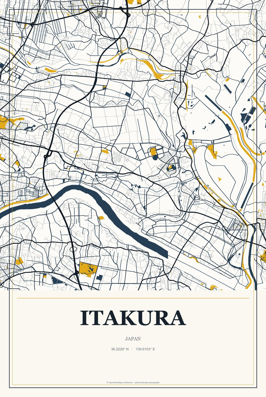 Itakura, Japan City Map Aluminum Sign in Citrine Modern style