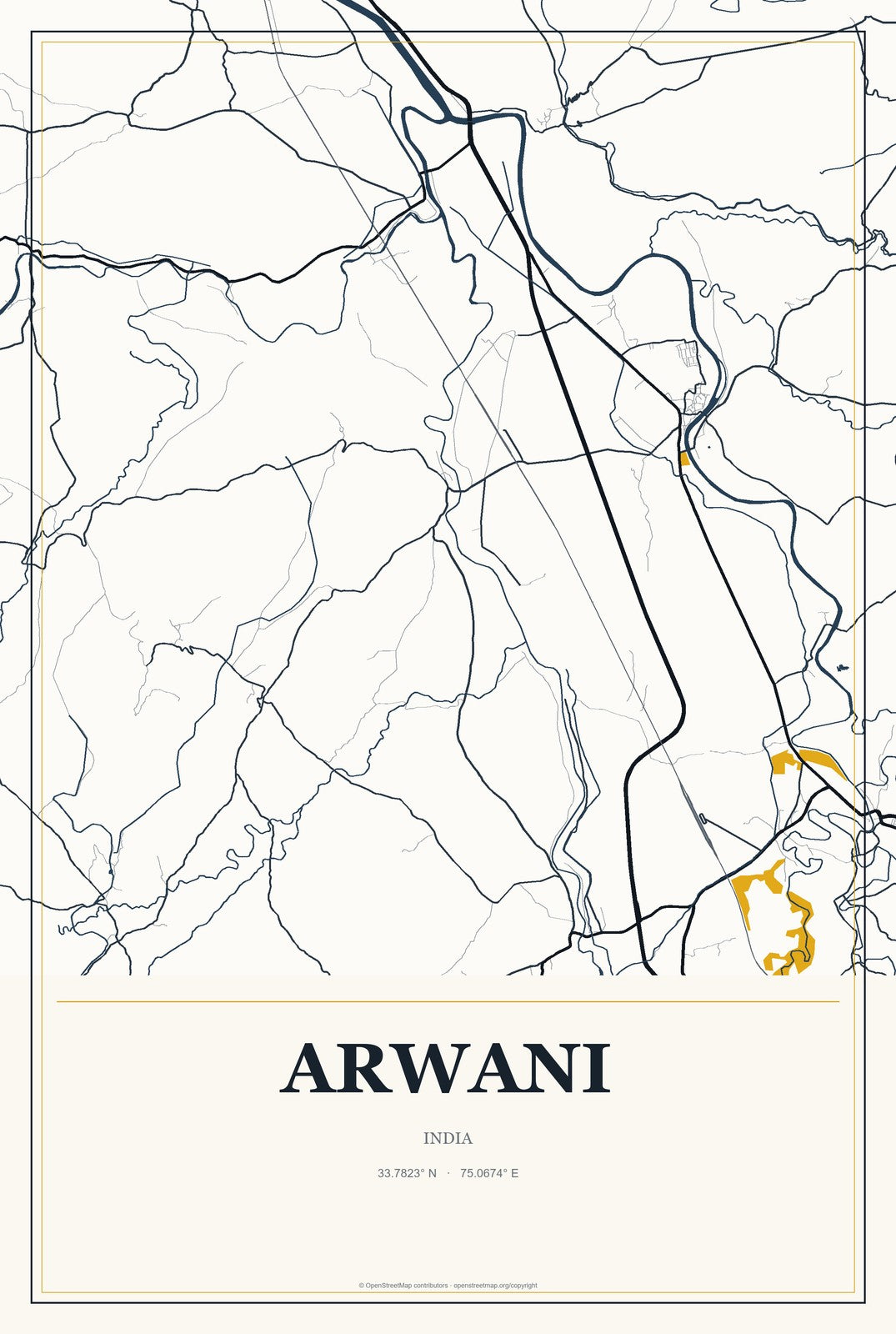 Arwani, India City Map Aluminum Sign in Citrine Modern style