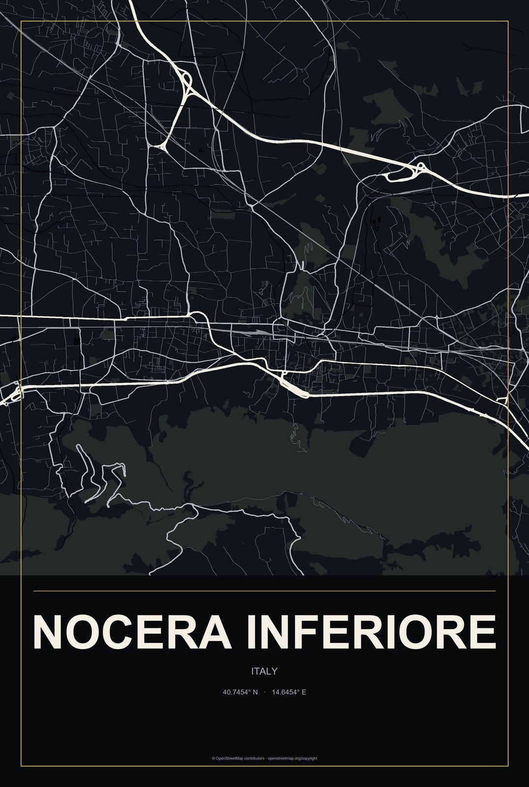 Nocera Inferiore, Italy City Map Aluminum Sign in Metropolitan Noir style